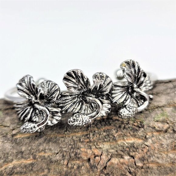 RHODIUM Cuff Bracelet Hibiscus Flowers Antique Rhodium Plating - Picture 5 of 11